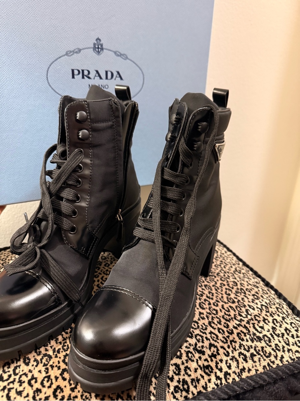 Prada Black Lace-Up Leather Ankle Boots with Lug Sole